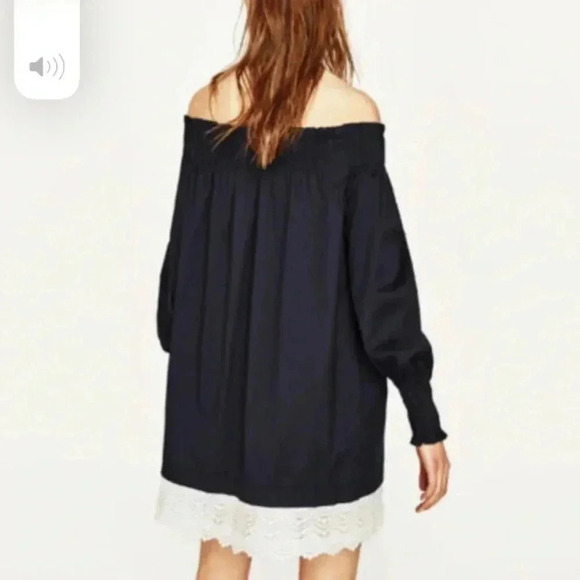Zara off-shoulder navy dress lace hem detail • M • - Picture 3 of 7